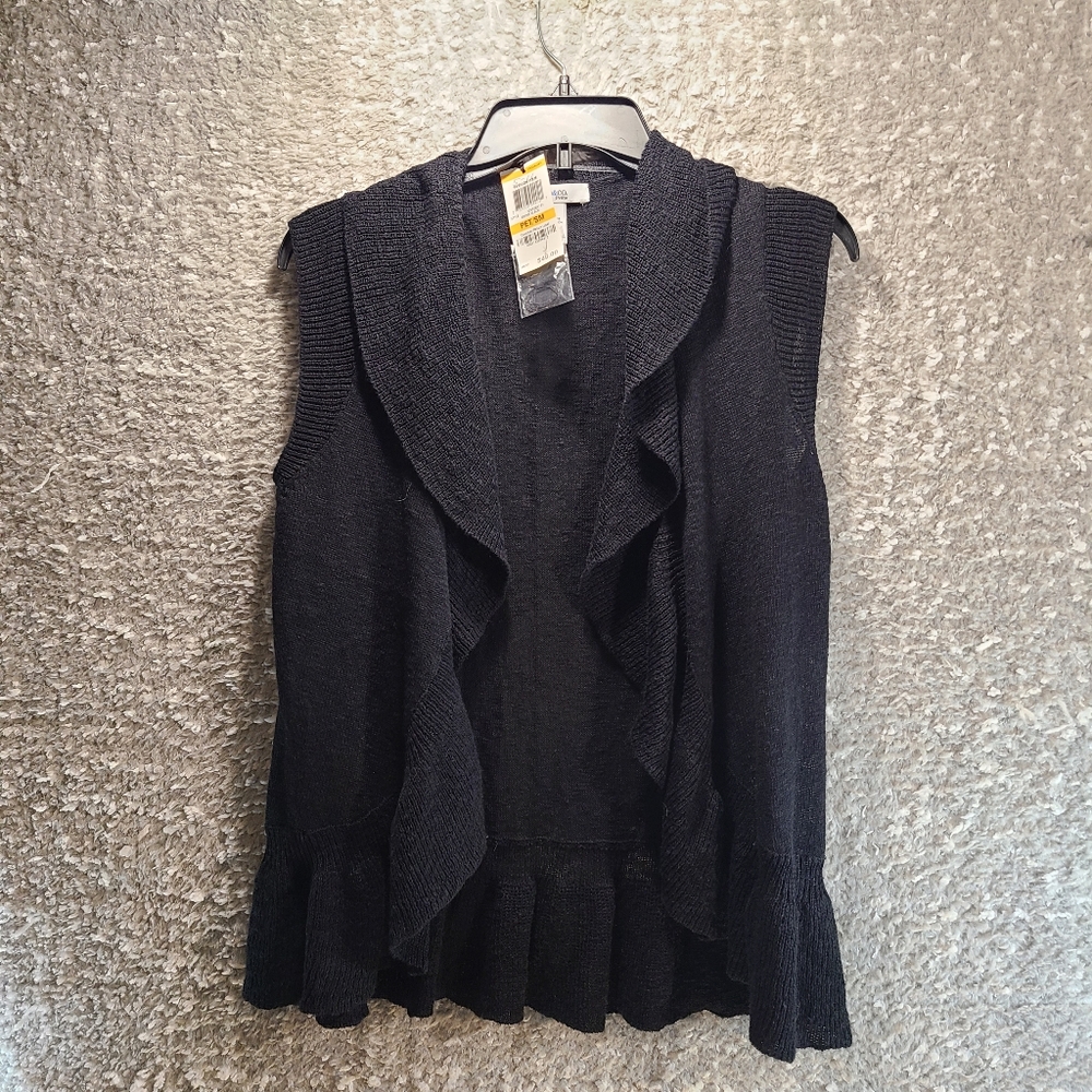 Style & Co Sweater Cardigan SP Black Ruffle Shrug  Sleeveless Ramie Cotton NWT